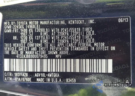 2013 Toyota Venza Le from USA, damaged, VIN 4T3ZA3BB9DU079495